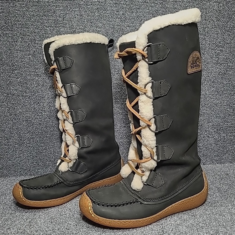 Sorel Chugalug Tall Black Leather Winter Boots Women‎ Size 8 Sherpa Lace